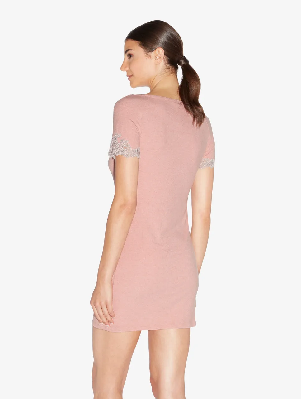 Chemise de nuit courte côtelée en cachemire mélangé dans la nuance Blush Clay rehaussée de guipure « frastaglio »